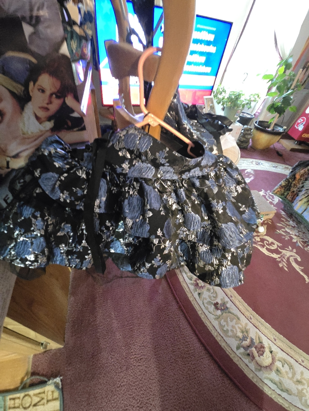 Black Floral Textured Mini Skirt with Blue Accents
